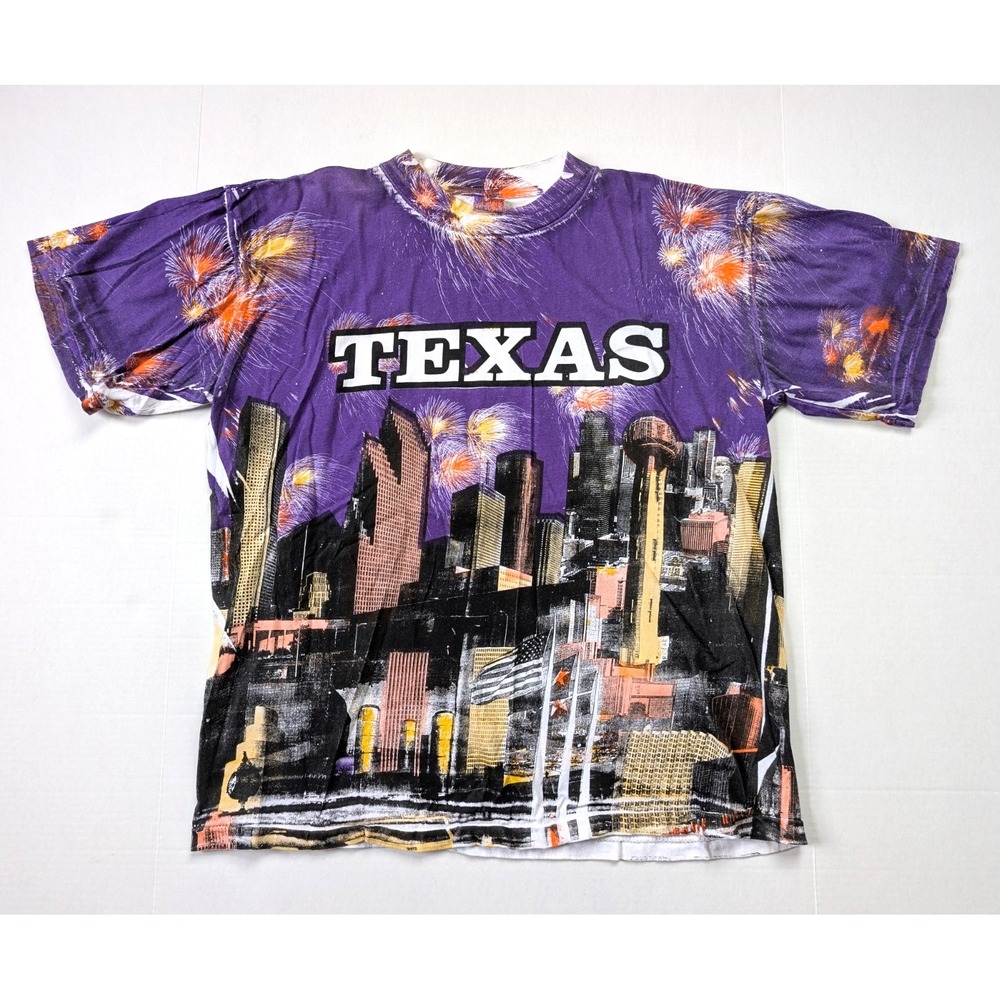 Vintage Texas State AOP Shirt Mens Large Double Sided City Skyline Fireworks 90s